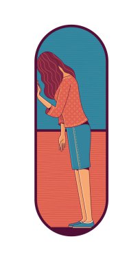 Hapın içinde ayakta duran yorgun bir kadın. Uyuşturucu bağımlılığı ve zihinsel bozukluk çizgi film konsepti. Düz ikili çizim