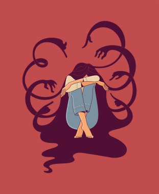 Genç, kadın karakterin oturduğu ve elleri kırmızı arka planı işaret eden siluetleri zorbalık ve psikoterapinin bir göstergesi olarak vurguladı.