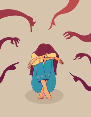 Genç stresli kız yerde oturuyor. Yaratık ellerinin siluetleri onu işaret ediyor. Kabadayılığın, yalnızlığın ve psikoterapinin karikatür çizimi. Vektör düz karakter