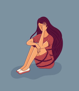Uzun, dalgalı saçları olan ağlayan genç bir kadın karakter, zihinsel bozukluğun ve psikoterapi konseptinin bir göstergesi olarak bej arka planda oturur.