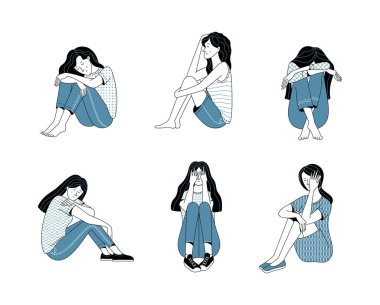 Beyaz arka planda depresyondan muzdarip bir grup kadın karakter yalnızlık, zihinsel bozukluk ve psikoterapi kavramının göstergesi olarak görülüyor.
