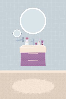 Çizgi film banyo arka planı. Lavabo, musluk, ayna, dolap, ev dekorasyonu, halı, diş fırçası ve hijyen malzemeleri. Düz renkli vektör çizimi