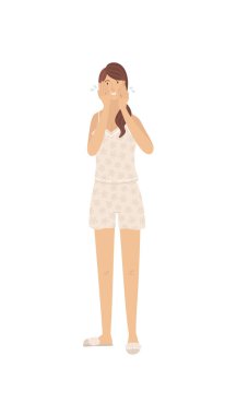 Yüzünü yıkayan ve cildini temizleyen tatlı bir kız. Pijama giyen genç bir kadın cildine bakıyor. Günlük cilt bakımı. Günün başlangıcı ve sonu. Çizgi film kızı. Beyaz arkaplanda düz karakter