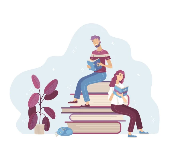 Young Man Woman Reading Books While Sitting Stack Big Books — Stock Vector