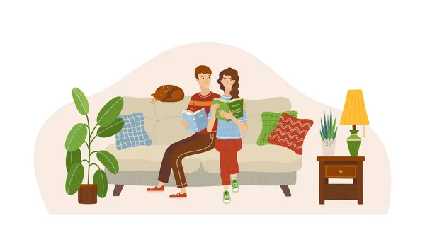 Birbirine Aşık Bir Çift Kanepede Kitap Okuyor Konseptinde Kal Mutlu — Stok Vektör