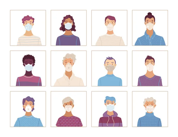 Hombres Con Máscaras Respiratorias Seguridad Respiradores Máscaras Médicas Conjunto Iconos — Vector de stock