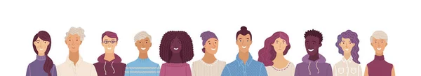 幸せな人々の多文化グループ 一緒に列に立って大人の男性と女性を笑顔 多様な学生のベクトル図と国際社会の概念 宗教の平等 — ストックベクタ