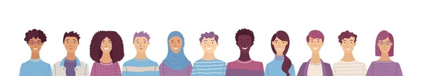 多様な人々のグループ肖像画 笑顔の男性と女性が一緒に立っている 幸せな学生や作業チームとWebバナー フラット漫画ベクトル多民族ポスター アフリカ人 アジア人 イスラム教徒 — ストックベクタ