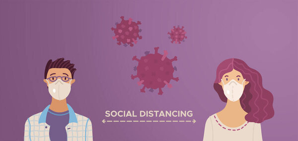 Social distancing. Man and woman wearing safety breathing masks. Keep safety distance to protect from covid-19 coronavirus outbreak spreading. Health care concept.