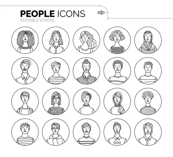Conjunto Vectorial Avatares Usuario Iconos Minimalistas Esbozados Varios Iconos Cara — Vector de stock