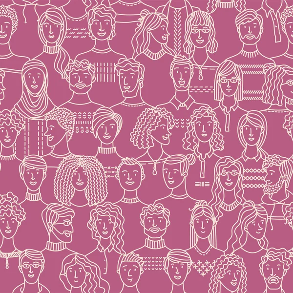 線形スタイルで様々な男性と女性の群衆 様々な人々とベクトル無限の背景 包装紙 壁紙デュオトーンベクトルデザイン — ストックベクタ