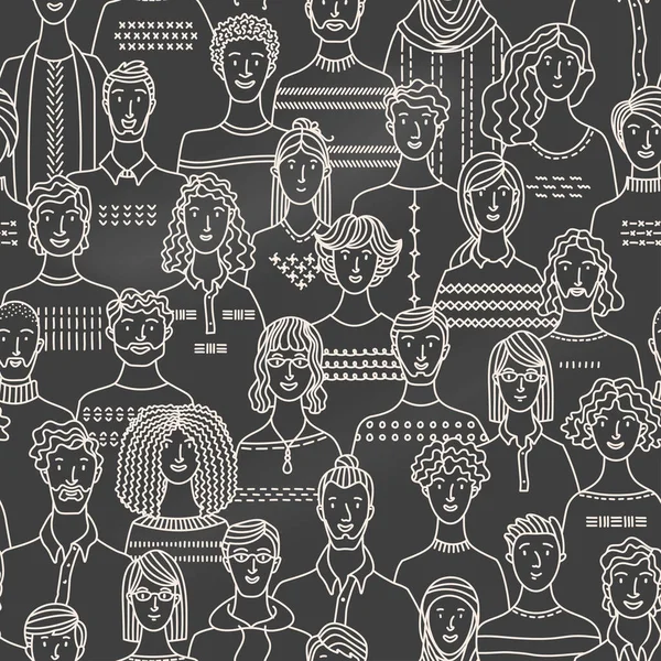 黒板の背景に多様な人々をチョークします 社会と人口 ソーシャル コミュニティのシームレスなパターンを線形形式で 手描きの生地 包装紙 壁紙ベクトルデザイン — ストックベクタ