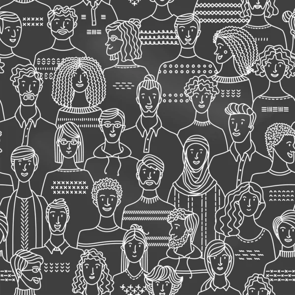 線形スタイルで様々な男性と女性の群衆 様々な人々とベクトル黒板の背景 チョーク繊維 包装紙 壁紙Duotoneベクトルデザイン — ストックベクタ