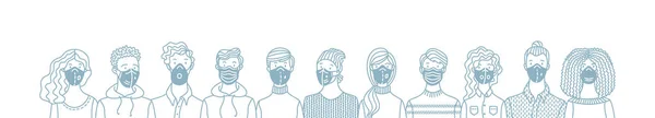 Grupo Pessoas Usando Máscaras Respiratórias Segurança Respiradores Máscaras Médicas Proteção —  Vetores de Stock