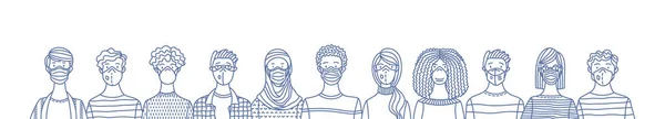 多文化人群一起戴着一次性医疗面具 国际日冕病毒保护和流行病预防病媒概述说明 全球自我隔离和隔离 — 图库矢量图片