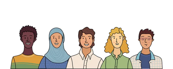 幸せな人々の多文化グループ 一緒に列に立って大人の男性と女性を笑顔 多様な学生のベクトル図と国際社会の概念 宗教の平等 — ストックベクタ