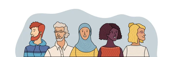 多様な人々のグループ肖像画 笑顔の男性と女性が一緒に立っている 幸せな学生や作業チームとWebバナー 概要漫画ベクトル多民族ポスター アフリカ人 イスラム教徒 — ストックベクタ
