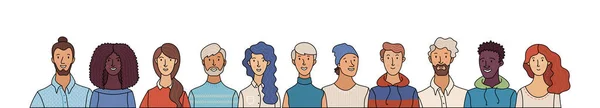 多様な人々のグループ肖像画 笑顔の男性と女性が一緒に立っている 幸せな学生や作業チームとWebバナー フラット漫画ベクトル多民族ポスター アフリカ人 アジア人 イスラム教徒 — ストックベクタ