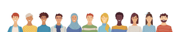 Group portrait of diverse people. Smiling men and women standing together. Web banner with happy students or work team. Flat cartoon vector multi-ethnic poster. Caucasian, African, Asian, Muslim