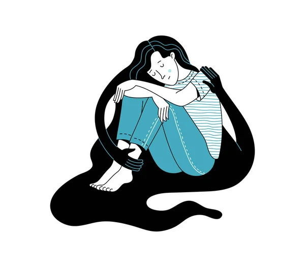 Персонаж Молодой Женщины Сидящий Обнятый Руками Существа Белом Фоне Сострадание — стоковый вектор