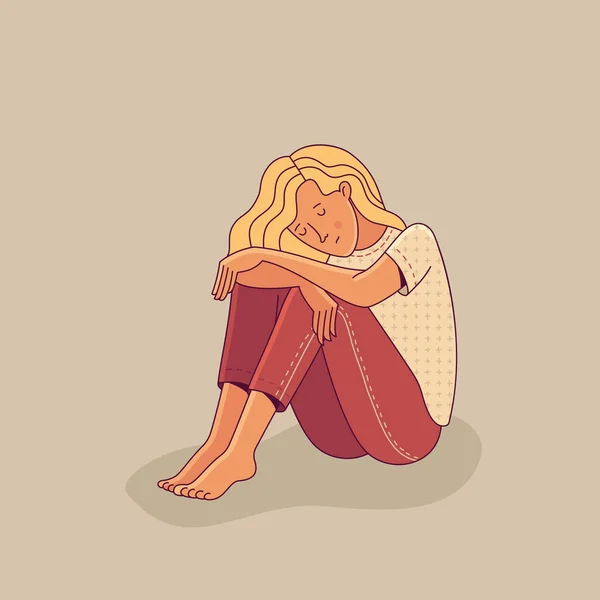 Λυπημένη Νεαρή Γυναίκα Κάθεται Μόνη Της Απεικόνιση Της Ψυχικής Διαταραχής — Διανυσματικό Αρχείο