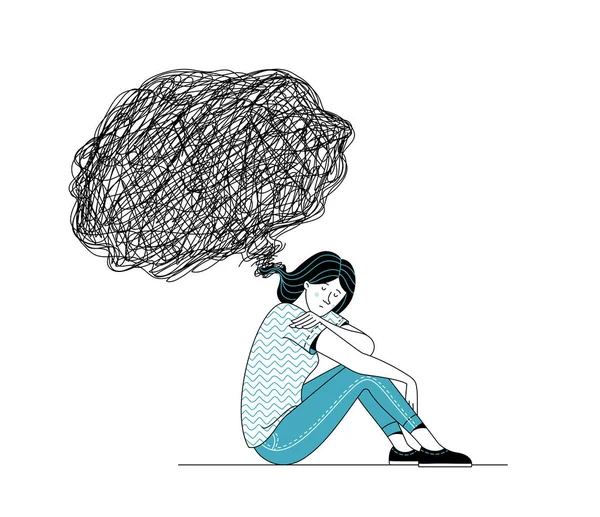 悲しい女性が床に座っている 頭の上に黒い思考バブル 過剰思考 精神障害の精神療法 孤独フラットコンセプト ベクトル漫画イラスト — ストックベクタ