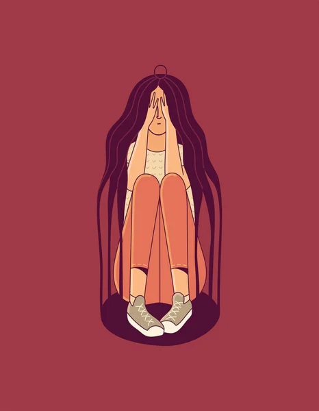 Наляканий Жіночий Персонаж Сидить Всередині Клітки Довгого Вільного Волосся Червоному — стоковий вектор