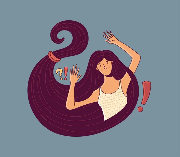 Персонаж Молодой Женщины Завернутый Собственные Длинные Волосы Вопросительными Восклицательными Знаками — стоковый вектор
