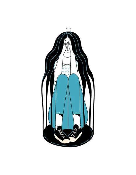白い背景に長い緩やかな髪で作られたケージの中に座っている女性の文字を泣く 精神障害 うつ病ベクトル漫画のイラスト — ストックベクタ