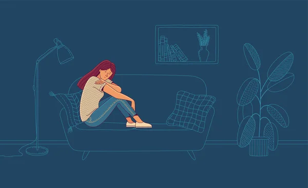 Gece Vektörü Illüstrasyonunda Depresif Genç Bir Kadın Odada Oturuyor Yalnızlık — Stok Vektör