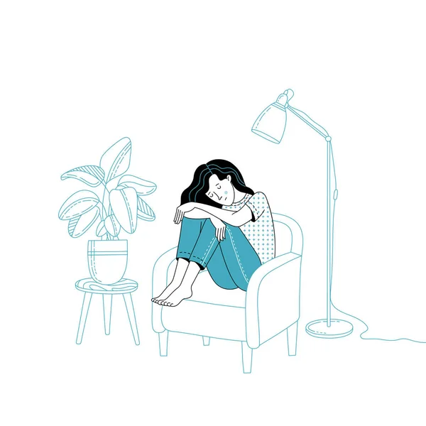 Депрессивная Молодая Женщина Сидит Кресле Комнате Векторной Иллюстрации Тревога Депрессия — стоковый вектор