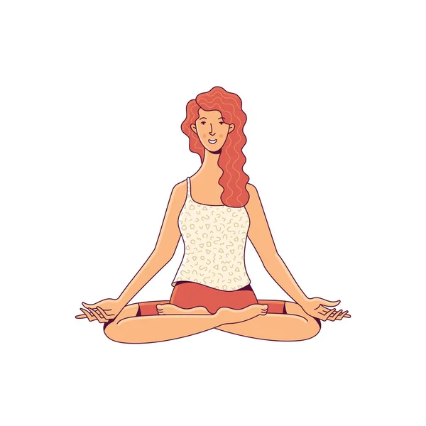 Feliz Mujer Tranquila Sentada Pose Loto Meditando Sobre Fondo Blanco — Archivo Imágenes Vectoriales