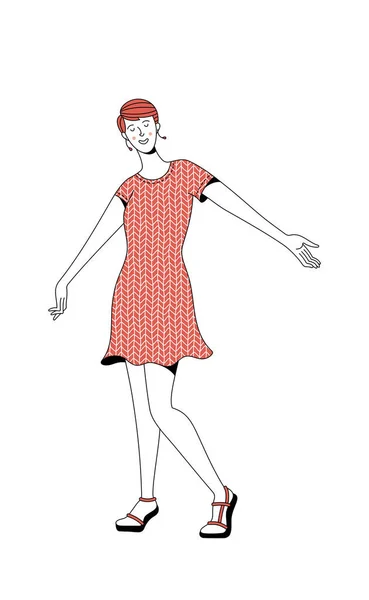 人生を楽しむ赤いドレスを着た陽気な若い女の子 肯定的な思考と良い気分の力 ベクトルフラット黒と赤のイラスト 漫画笑顔の女性キャラクター — ストックベクタ