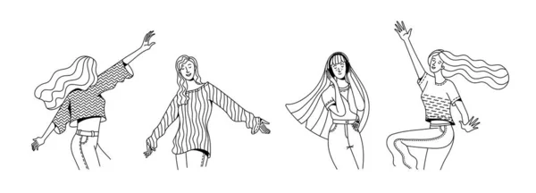 Набор Радостных Женщин Наслаждающихся Жизненной Векторной Линейной Иллюстрацией Весёлые Девушки — стоковый вектор