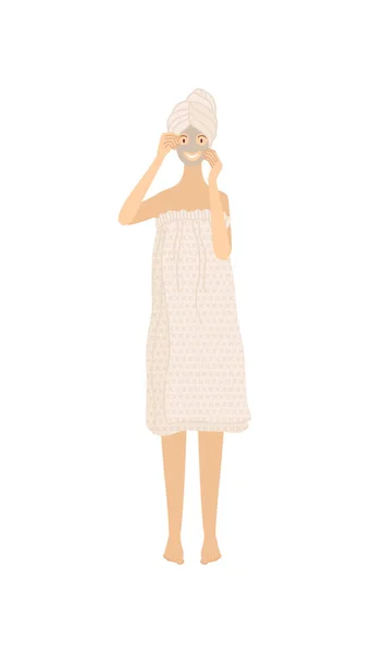 Χαριτωμένο Κορίτσι Που Φοράει Πετσέτα Μετά Μπάνιο Φροντίζει Δέρμα Της — Διανυσματικό Αρχείο