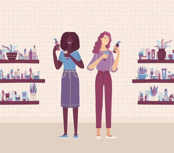 Dwie Konsultantki Porównujące Kosmetyki Pielęgnacji Skóry Sklepie Słodkie Kobiety Wybierając — Wektor stockowy