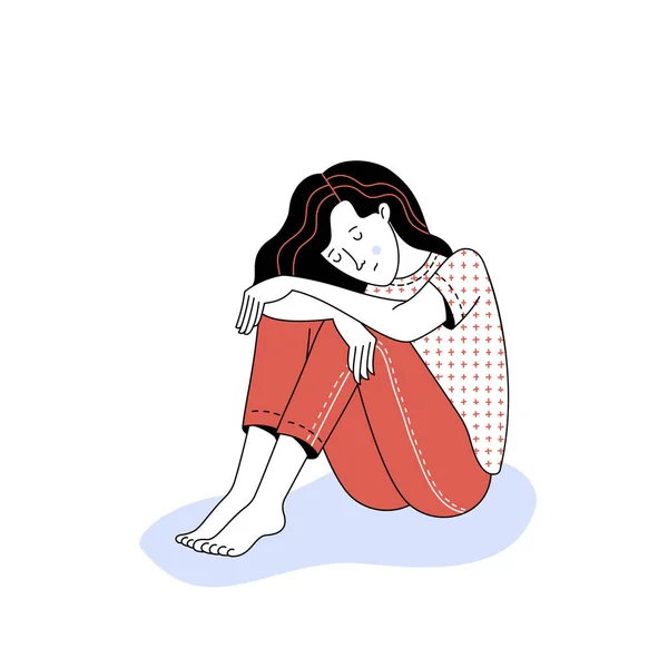精神疾患の精神療法の概念の孤独とうつ病のイラストとして白い背景に座って長い髪の若い女性のキャラクターを動揺 ロイヤリティフリーのストックイラスト