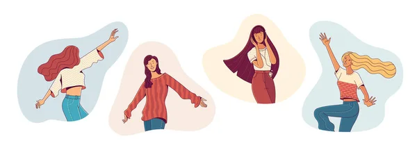 Mujeres Jóvenes Felices Bailando Ilustración Vectorial Chicas Alegres Disfrutando Música Gráficos Vectoriales