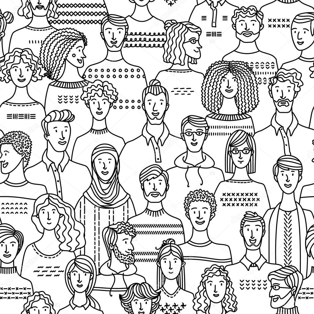 Diverse crowd of people. Society and population. Social community seamless pattern in linear style.  Mono color fabric, textile, wrapping paper, wallpaper vector design. Black and white