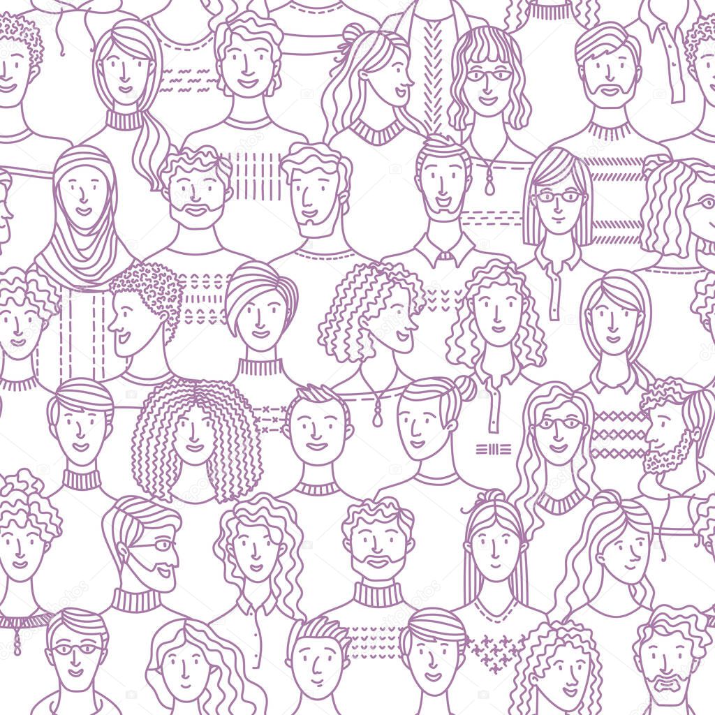 Diverse group of men and women standing together. Social community. Diverse people group. Textile, fabric, wrapping paper, wallpaper mono color vector design
