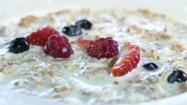Pequeno Almoço Bagas Caem Uma Tigela Cereal Alimentação Dietética Manhã — Vídeo de Stock