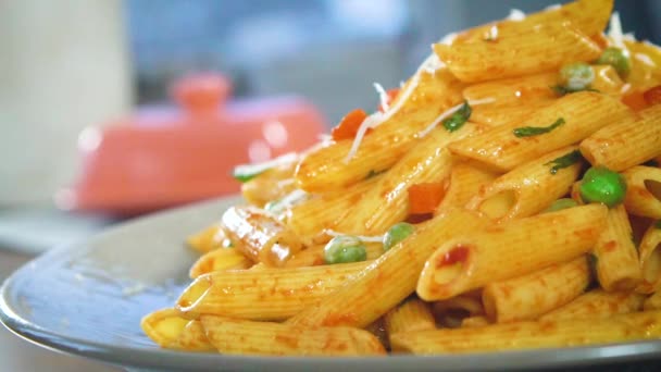 Pâtes Fromage Asseyez Vous Sur Une Table Parmesan Tombe Sur — Video