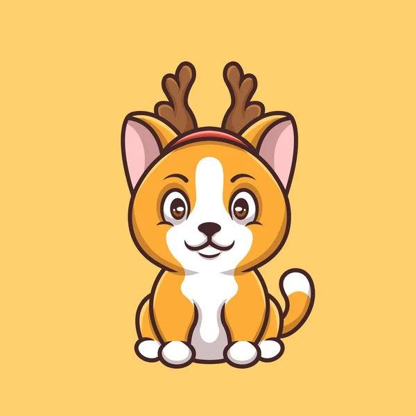 Cat Deer Chirstmas Desain Logo Kartun Kreatif - Stok Vektor