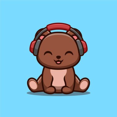 Ayı Oturan Müzik Sevimli Yaratıcı Kawaii Çizgi Film Maskotu Logosu