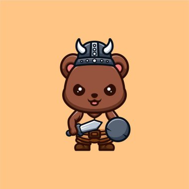 Bear Viking Cute Creative Kawaii Cartoon Mascot Logo