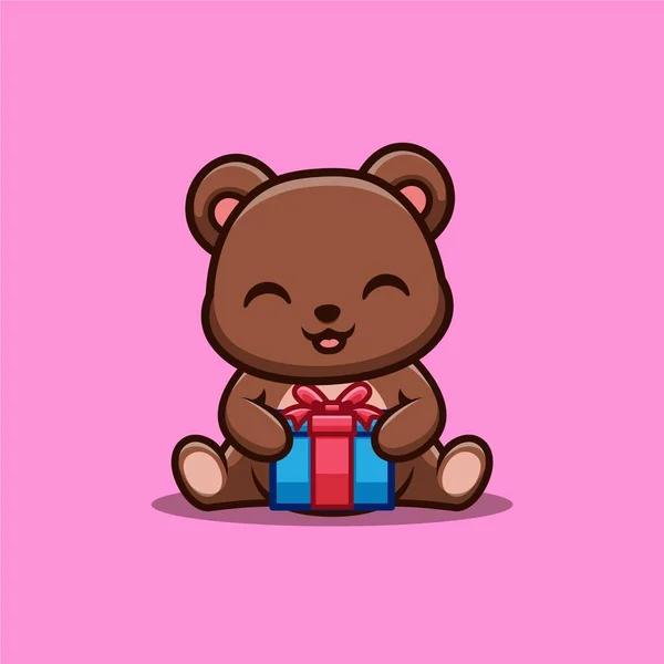 Bear Sitting Gift Box Cute Creative Kawaii Cartoon Mascot Logo — Vector de stock