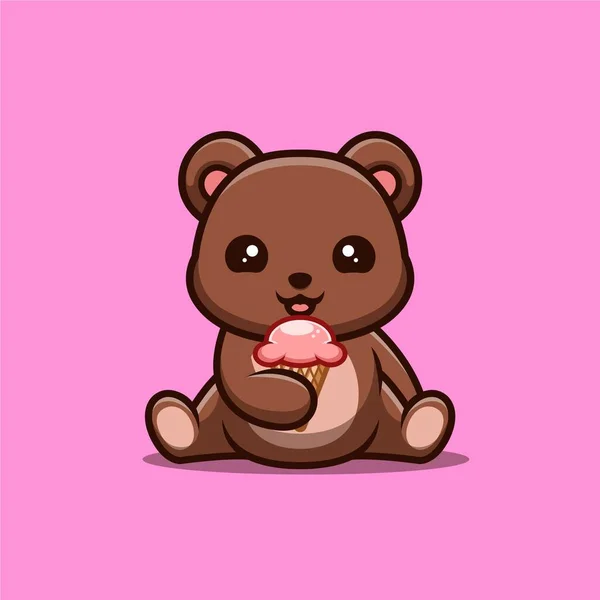 Bear Sitting Eating Ice Cream Cute Creative Kawaii Cartoon Mascot — Archivo Imágenes Vectoriales