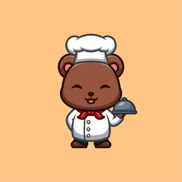 Bear Chef Cute Creative Kawaii Cartoon Mascot Logo - Stok Vektor