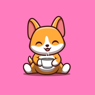 Corgi Oturan Kahve İçen Yaratıcı Kawaii Çizgi Film Maskotu Logosu