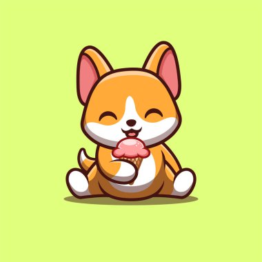 Corgi Oturan Dondurma Yiyen Yaratıcı Kawaii Maskot Logosu
